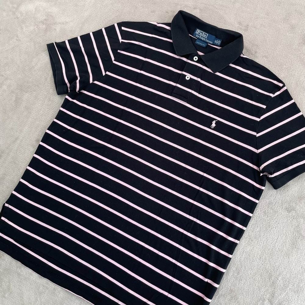 Vintage Polo Ralph Lauren‎ Polo Shirt Men XL Black Pink Striped Custom Fit Pony